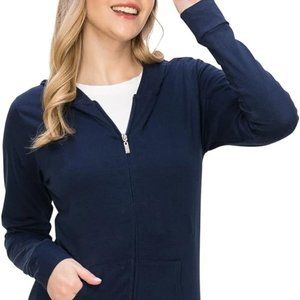 LUVAGE Women's Lightweight Sim-Fit Cotton Long Sleeve Zip-Up Hoodie Jacket Navy